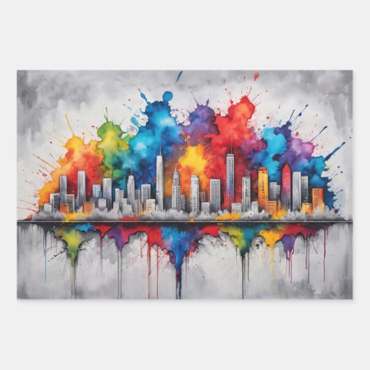 Farbenfrohe Skyline der Stadt mit Aquarellplätzen Geschenkpapier Set (Vorderseite)