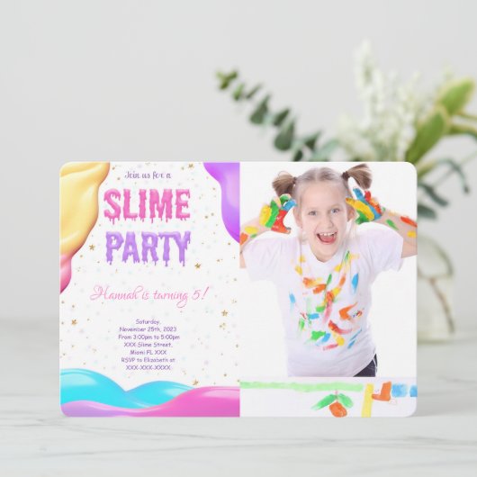 Farbenfrohe Slime Birthday Party Foto Einladung (Stehend Vorderseite)