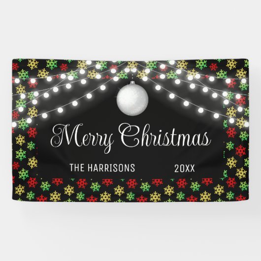 Farbenfrohe Snowflake String Lights Schwarzes Weih Banner (Horizontal)