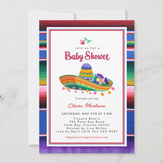 Farbenfrohe Sombrero Fiesta Kinderdusche Einladung (Vorderseite)