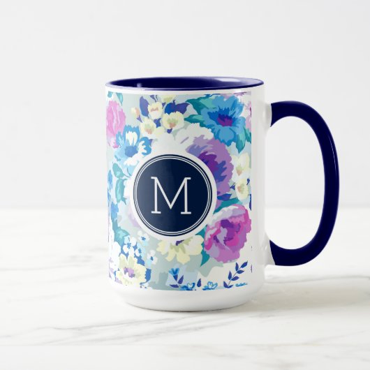 Farbenfrohe Sommer-Blume Muster Monogramm Tasse (Rechts)