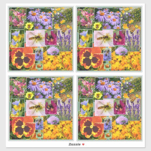 Farbenfrohe Sommer-Blume und Insekten-Collage Aufkleber (Blatt)