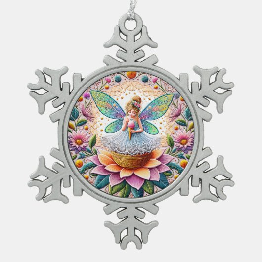 Farbenfrohe Sommer Fee Zwei Illustration Schneeflocken Zinn-Ornament (Vorderseite)