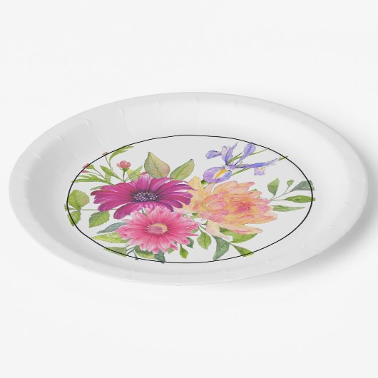 Farbenfrohe Sommer Flora und Fauna Pappteller (Schrägansicht)