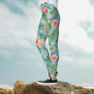 Farbenfrohe Sommer-Hawaiianische Blätter und Blume Leggings