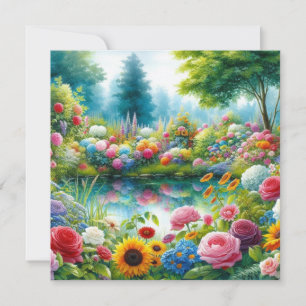 Farbenfrohe Sommerblumengarten am Teich Landschaft Karte