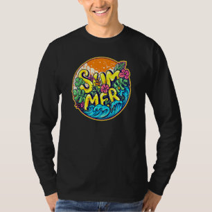 Farbenfrohe Sommerwellen Hibiskus Blume und Banane T-Shirt