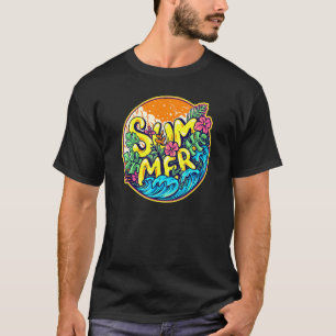 Farbenfrohe Sommerwellen Hibiskus Blume und Banane T-Shirt