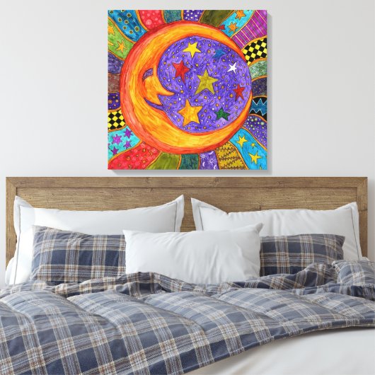 Farbenfrohe Sonne, Mond und Sterne ummantelte Canv Leinwanddruck (Insitu (Schlafzimmer))