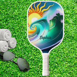 Farbenfrohe Sonne und Surfsignatur Pickleball Schläger