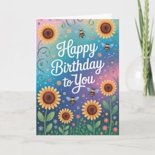 Farbenfrohe Sonnenblume und Biene zum Geburtstag Karte