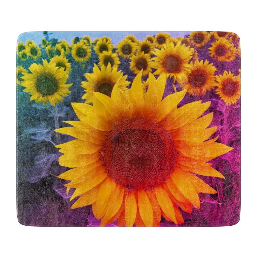 Farbenfrohe Sonnenblumen Foto Rustikales Land Blum Schneidebrett (Vorderseite)