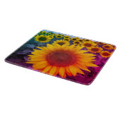 Farbenfrohe Sonnenblumen Foto Rustikales Land Blum Schneidebrett (Ecke)