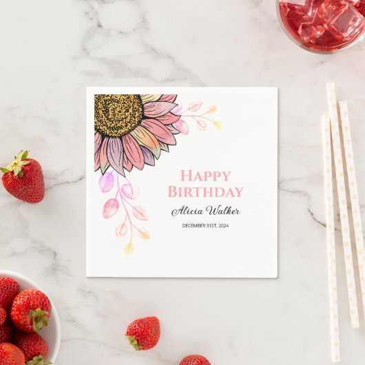 Farbenfrohe Sonnenblumenpfirsichblume Leaf Geburts Serviette (Beispiel)