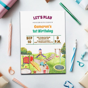 Farbenfrohe Spielplatz-Party zur 1. Geburtstags-Ei Einladung