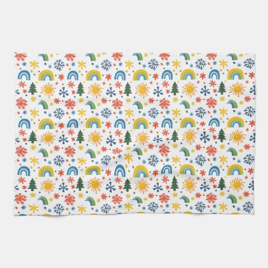Farbenfrohe Spielweise mit Regenbogen und Blume Geschirrtuch (Horizontal)