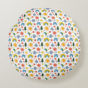 Farbenfrohe Spielweise mit Regenbogen und Blume Rundes Kissen