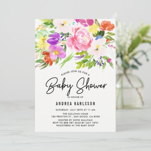 Farbenfrohe Springbrust bläst Babydusche Einladung (Stehend Vorderseite)