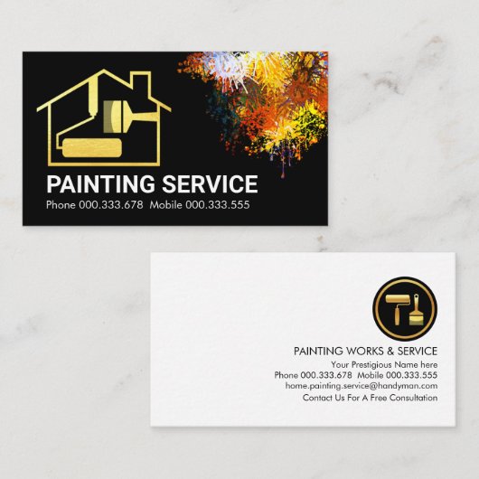 Farbenfrohe Spritzer Gold Zuhause Brush Malerei Visitenkarte (Vorne/Hinten)