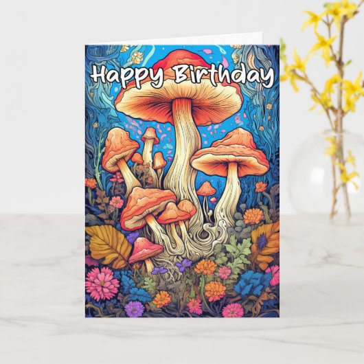 Farbenfrohe Sprouting Mushroom-Illustration Karte (Gelbe Blume)