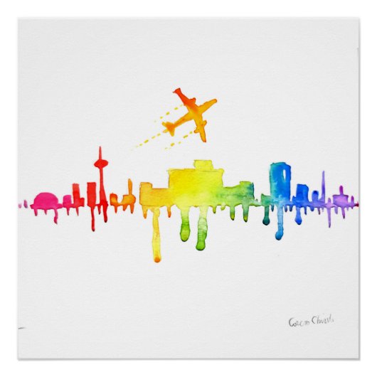 Farbenfrohe Stadt und Flugzeug Poster (Vorderseite)