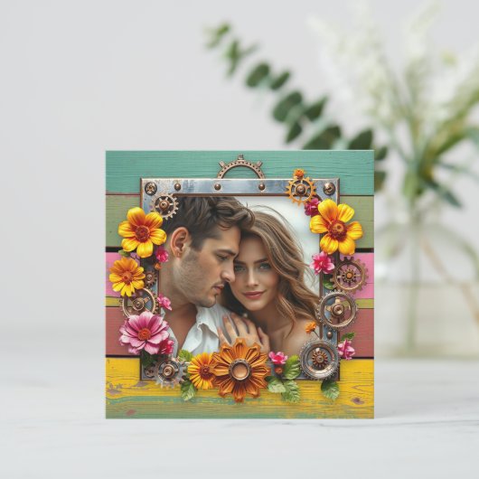 Farbenfrohe Steampunk-Blume zum Hochzeitsfest Einladung (Stehend Vorderseite)