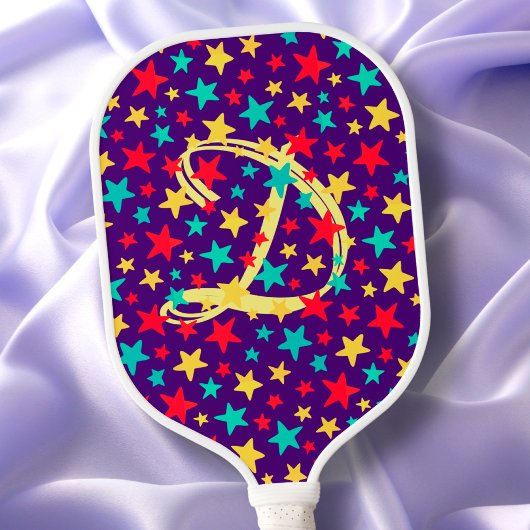 Farbenfrohe Sterne Moderne Elegante Lila Monogramm Pickleball Schläger