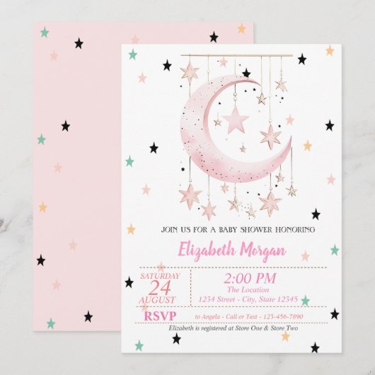 Farbenfrohe Sterne Pink Moon Babydusche Einladung (Vorne/Hinten)