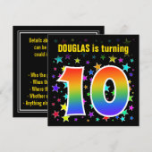 Farbenfrohe Sterne + Regenbogenmuster "10" Geburts Einladung (Vorne/Hinten)