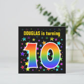 Farbenfrohe Sterne + Regenbogenmuster "10" Geburts Einladung (Stehend Vorderseite)
