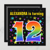 Farbenfrohe Sterne + Regenbogenmuster "12" Geburts Einladung (Vorne/Hinten)