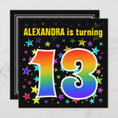 Farbenfrohe Sterne + Regenbogenmuster "13" Geburts Einladung (Vorne/Hinten)