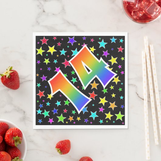 Farbenfrohe Sterne + Regenbogenmuster "14" Event # Serviette (Beispiel)