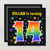 Farbenfrohe Sterne + Regenbogenmuster "14" Geburts Einladung (Vorne/Hinten)