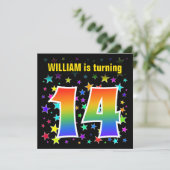Farbenfrohe Sterne + Regenbogenmuster "14" Geburts Einladung (Stehend Vorderseite)