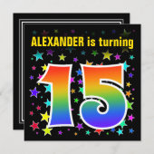 Farbenfrohe Sterne + Regenbogenmuster "15" Geburts Einladung (Vorne/Hinten)