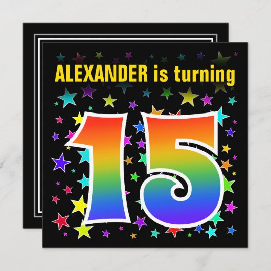 Farbenfrohe Sterne + Regenbogenmuster "15" Geburts Einladung (Vorne/Hinten)