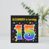 Farbenfrohe Sterne + Regenbogenmuster "15" Geburts Einladung (Stehend Vorderseite)