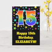 Farbenfrohe Sterne + Regenbogenmuster "15" Geburts Karte (Gelbe Blume)