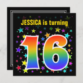 Farbenfrohe Sterne + Regenbogenmuster "16" Geburts Einladung (Vorne/Hinten)