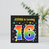 Farbenfrohe Sterne + Regenbogenmuster "16" Geburts Einladung (Stehend Vorderseite)
