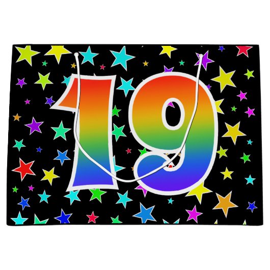 Farbenfrohe Sterne + Regenbogenmuster "19" Event # Große Geschenktüte (Vorderseite)