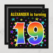 Farbenfrohe Sterne + Regenbogenmuster "19" Geburts Einladung (Vorne/Hinten)