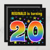 Farbenfrohe Sterne + Regenbogenmuster "20" Geburts Einladung (Vorne/Hinten)