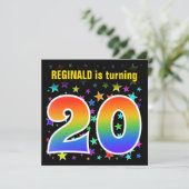 Farbenfrohe Sterne + Regenbogenmuster "20" Geburts Einladung (Stehend Vorderseite)