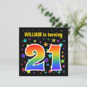 Farbenfrohe Sterne + Regenbogenmuster "21" Geburts Einladung (Stehend Vorderseite)