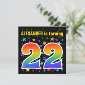 Farbenfrohe Sterne + Regenbogenmuster "22" Geburts Einladung (Stehend Vorderseite)