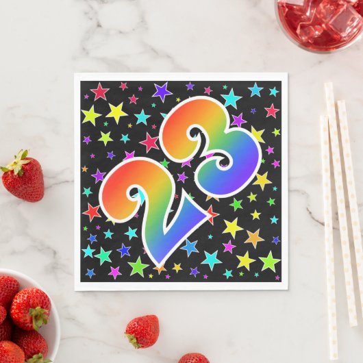 Farbenfrohe Sterne + Regenbogenmuster "23" Event # Serviette (Beispiel)
