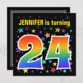 Farbenfrohe Sterne + Regenbogenmuster "24" Geburts Einladung (Vorne/Hinten)