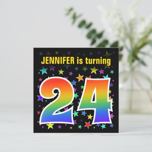 Farbenfrohe Sterne + Regenbogenmuster "24" Geburts Einladung (Stehend Vorderseite)